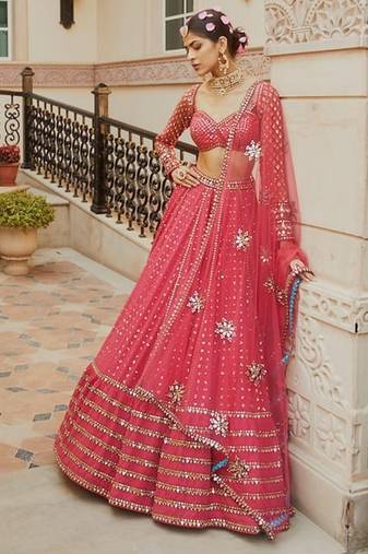 RED Designer Faux Georgette Lehenga Choli with Heavy Sequin & Zari Embroidery Work and Net Dupatta