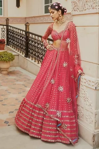 RED Designer Faux Georgette Lehenga Choli with Heavy Sequin & Zari Embroidery Work and Net Dupatta