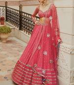 RED Designer Faux Georgette Lehenga Choli with Heavy Sequin & Zari Embroidery Work and Net Dupatta