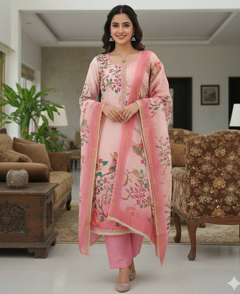 Beautiful pink color linen cotton fabric designer salwar kameez for girls