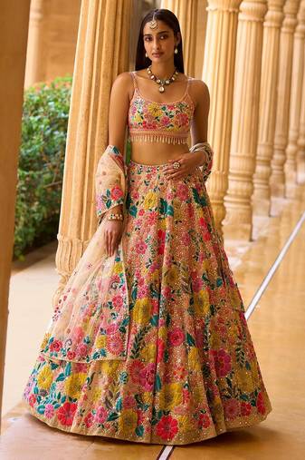Multicolor Floral Faux Georgette Lehenga Choli with Sequin & Thread Embroidery and Net Dupatta