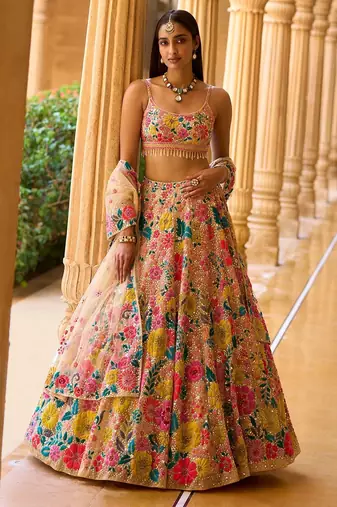 Multicolor Floral Faux Georgette Lehenga Choli with Sequin & Thread Embroidery and Net Dupatta