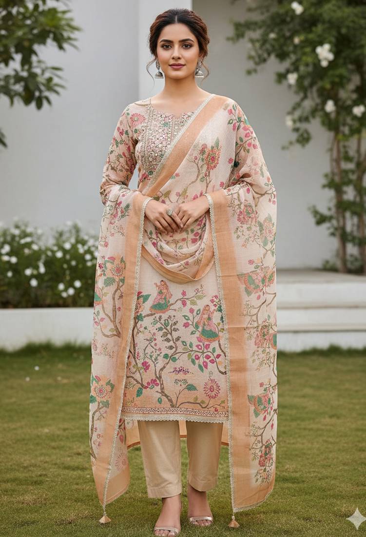 Beautiful peach color linen cotton fabric designer salwar kameez for girls