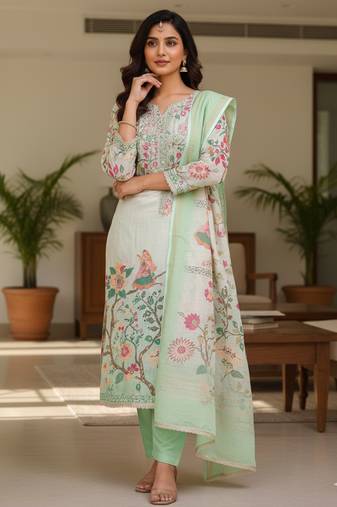 Beautiful sea green color linen cotton fabric designer salwar kameez for girls