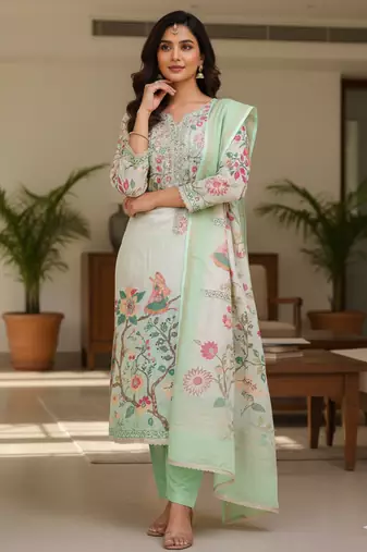 Beautiful sea green color linen cotton fabric designer salwar kameez for girls