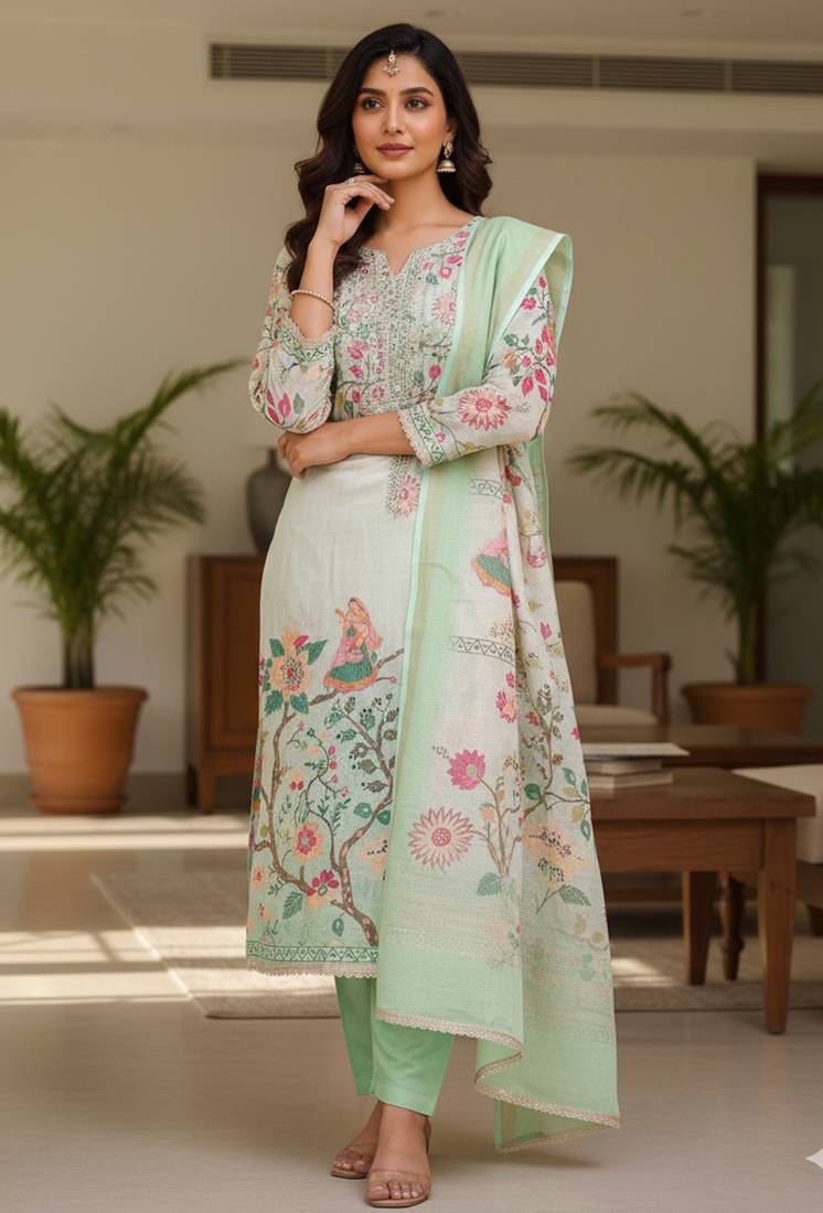 Beautiful sea green color linen cotton fabric designer salwar kameez for girls