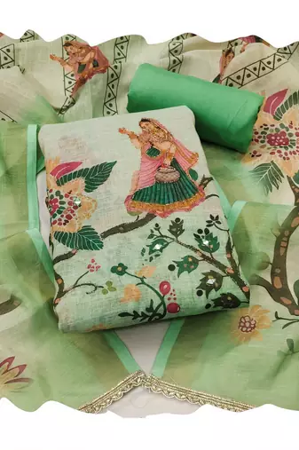 Beautiful sea green color linen cotton fabric designer salwar kameez for girls