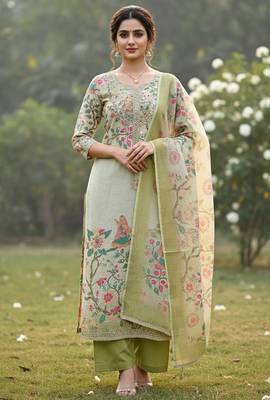 Beautiful pista color linen cotton fabric designer salwar kameez for girls 1