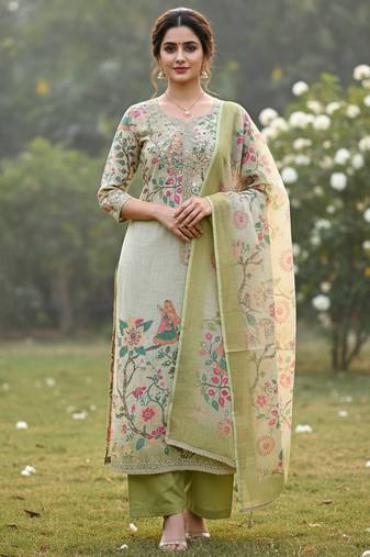 Beautiful pista color linen cotton fabric designer salwar kameez for girls