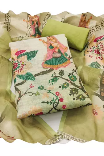 Beautiful pista color linen cotton fabric designer salwar kameez for girls