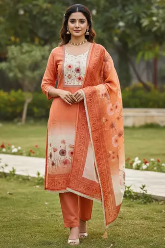 Beautiful rust color linen cotton fabric designer salwar kameez for girls