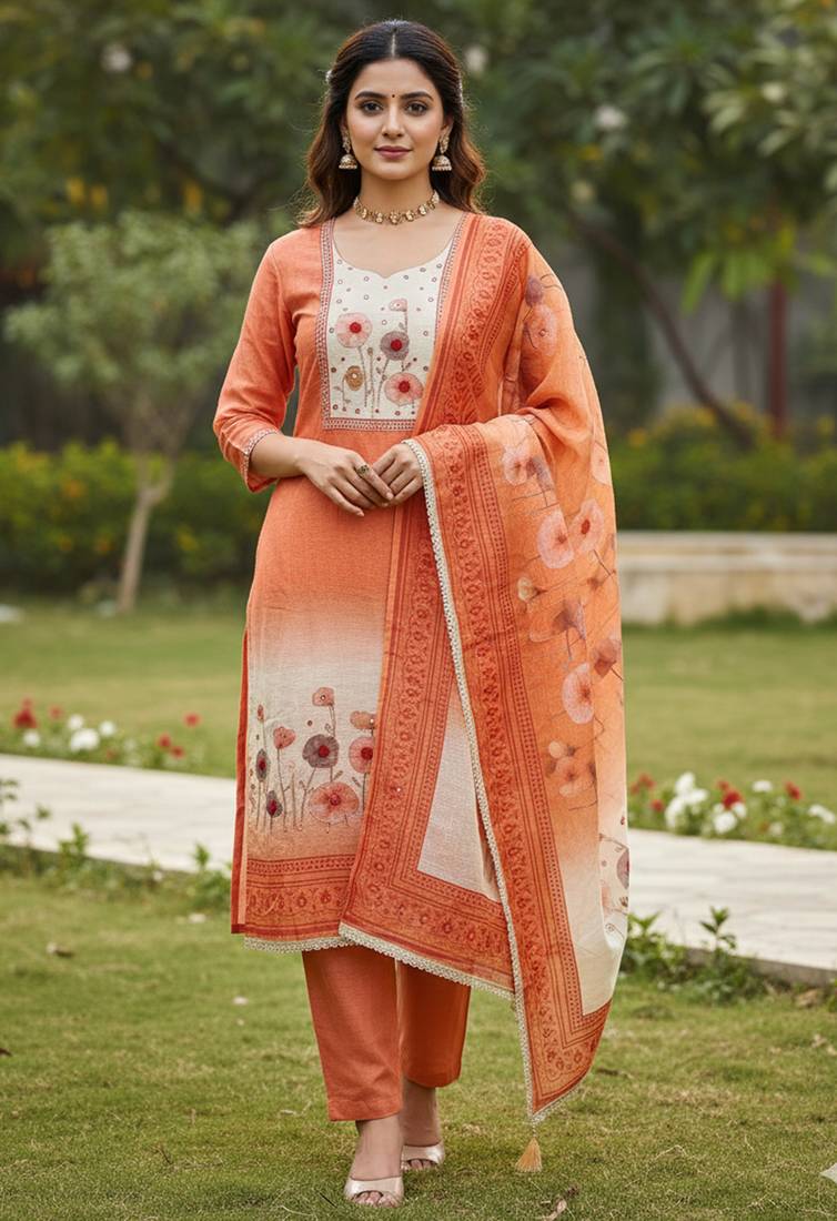 Beautiful rust color linen cotton fabric designer salwar kameez for girls