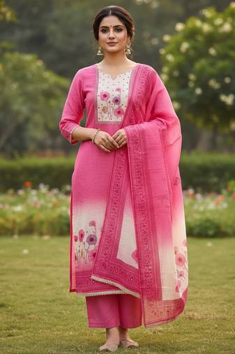 Beautiful pink color linen cotton fabric designer salwar kameez for girls