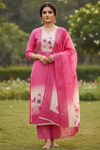 Beautiful pink color linen cotton fabric designer salwar kameez for girls