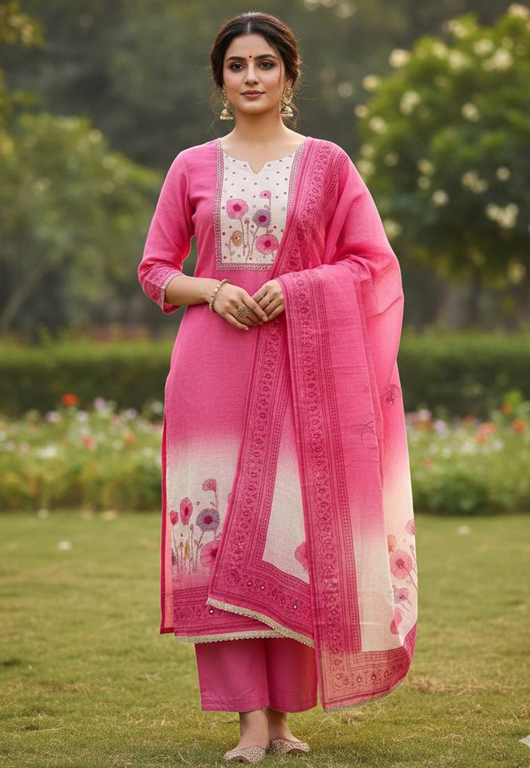 Beautiful pink color linen cotton fabric designer salwar kameez for girls