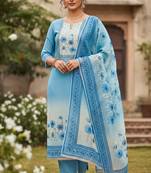 Beautiful blue color linen cotton fabric designer salwar kameez for girls