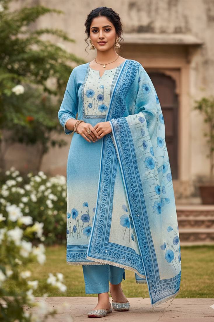 Beautiful blue color linen cotton fabric designer salwar kameez for girls