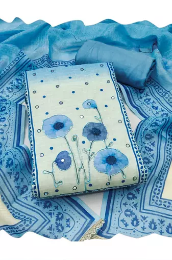 Beautiful blue color linen cotton fabric designer salwar kameez for girls