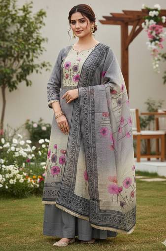 Beautiful grey color linen cotton fabric designer salwar kameez for girls
