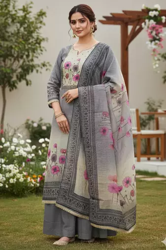 Beautiful grey color linen cotton fabric designer salwar kameez for girls