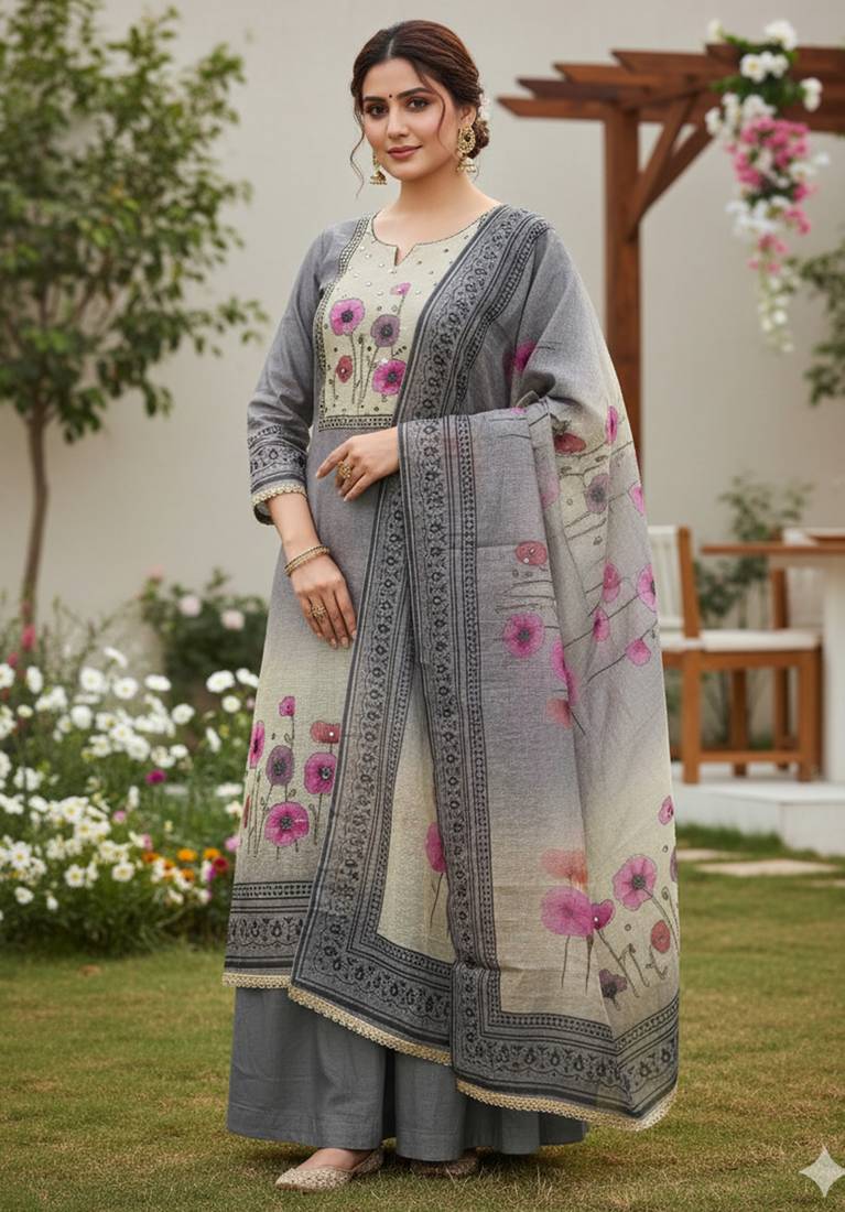 Beautiful grey color linen cotton fabric designer salwar kameez for girls