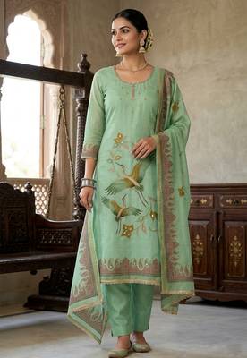 Green color smart and elegant lilen cotton salwar kameez 1
