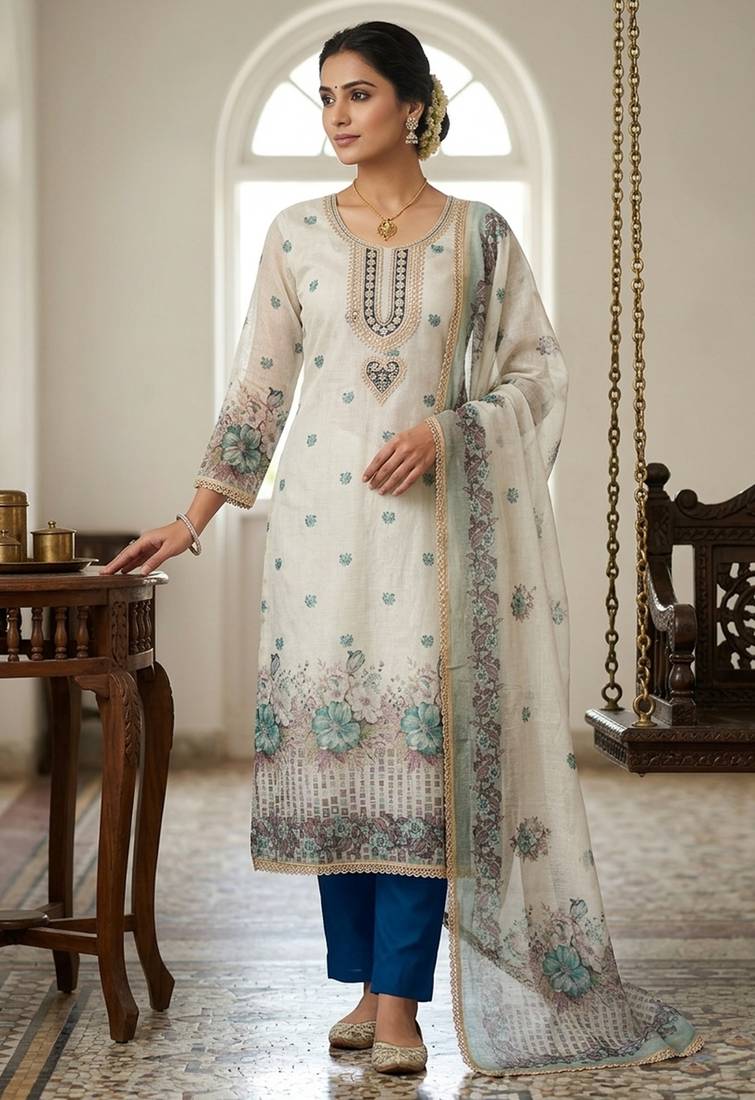 Off white color smart and elegant lilen cotton salwar kameez
