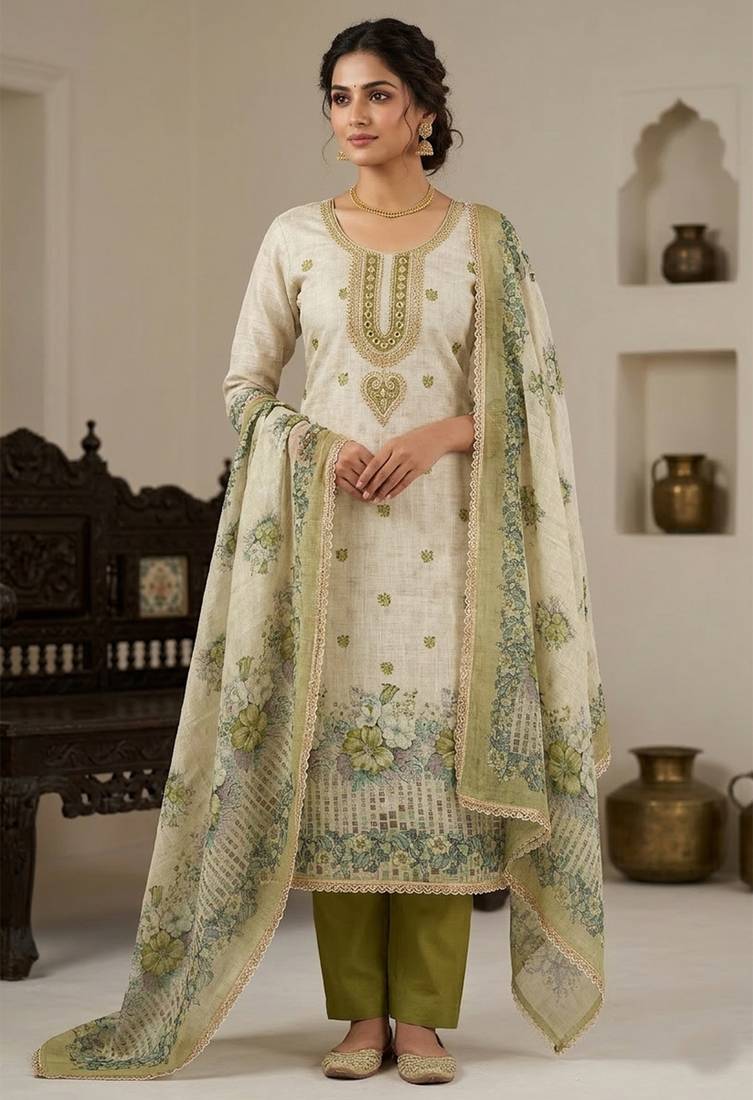 Off white color smart and elegant lilen cotton salwar kameez