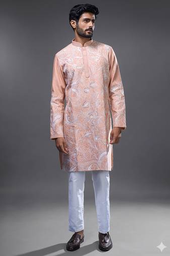 Peach embroidered, mirror silk kurta pant