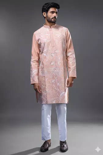 Peach embroidered, mirror silk kurta pant