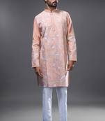 Peach embroidered, mirror silk kurta pant