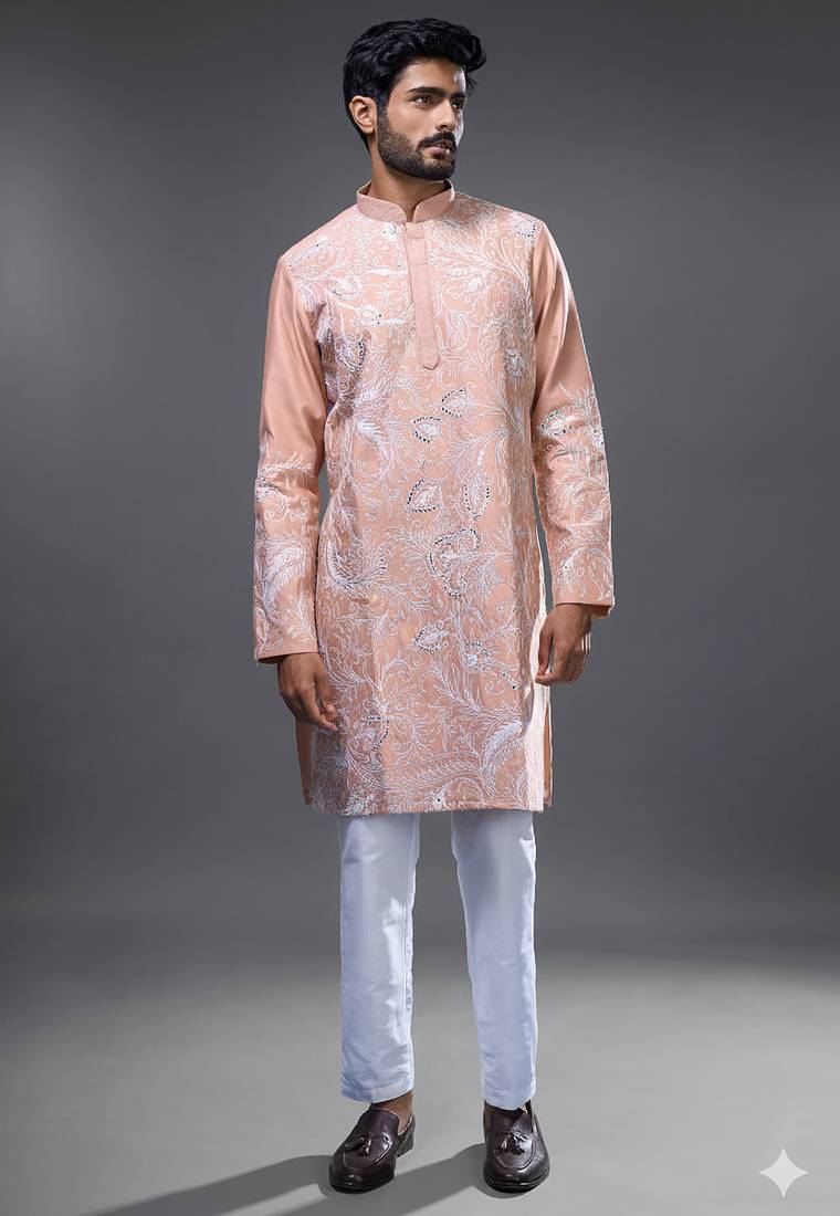 Peach embroidered, mirror silk kurta pant