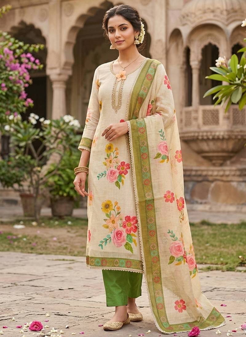 Off white color smart and elegant lilen cotton salwar kameez