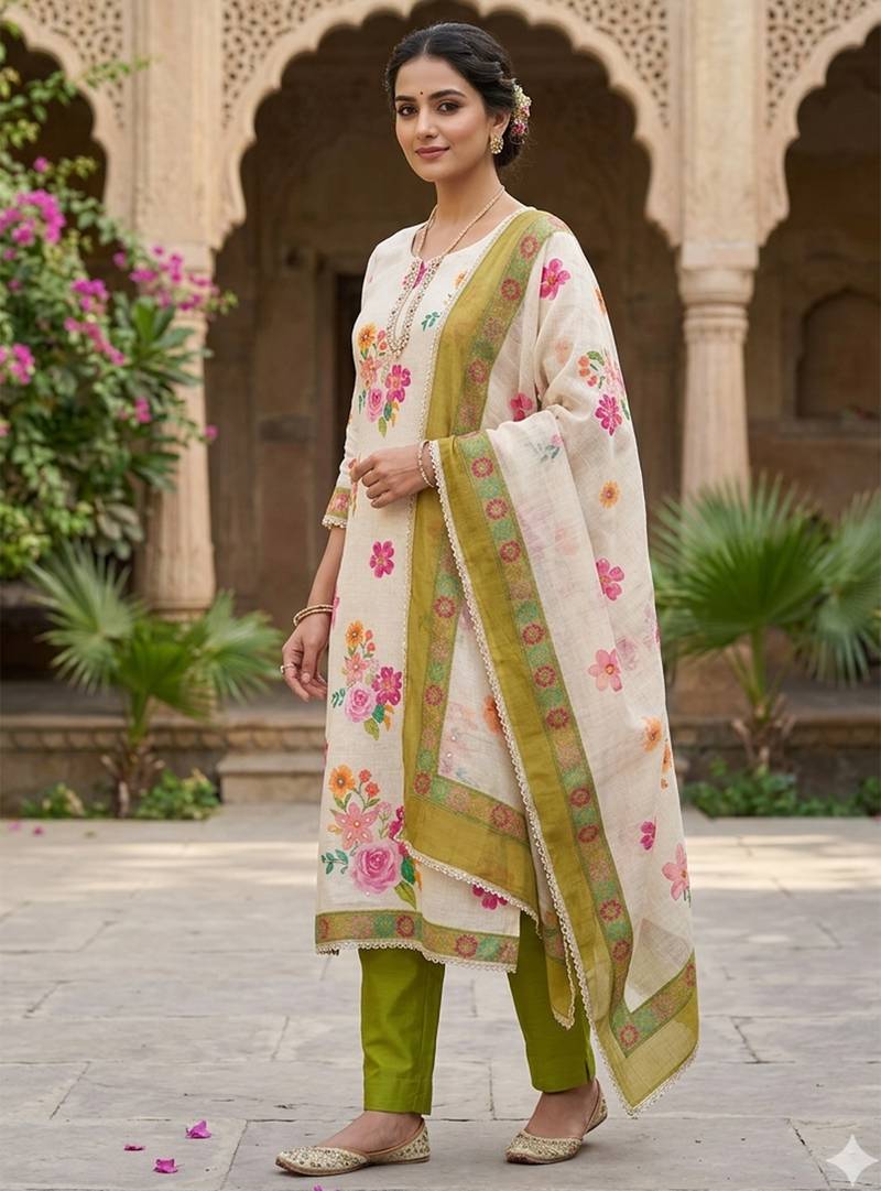 Off white color smart and elegant lilen cotton salwar kameez