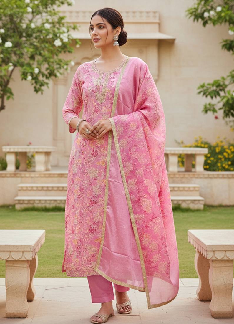 Pink color beautiful printed designer modal silk salwar suit