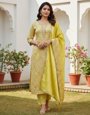Yellow color beautiful printed designer modal silk salwar suit 1