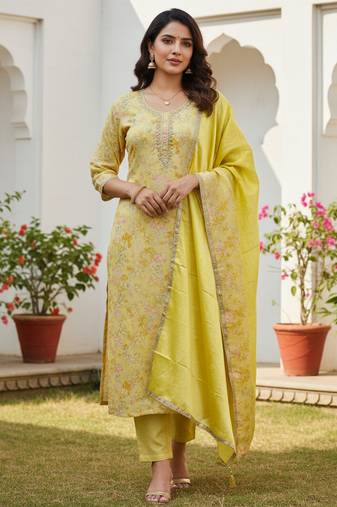 Yellow color beautiful printed designer modal silk salwar suit