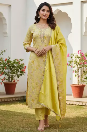 Yellow color beautiful printed designer modal silk salwar suit