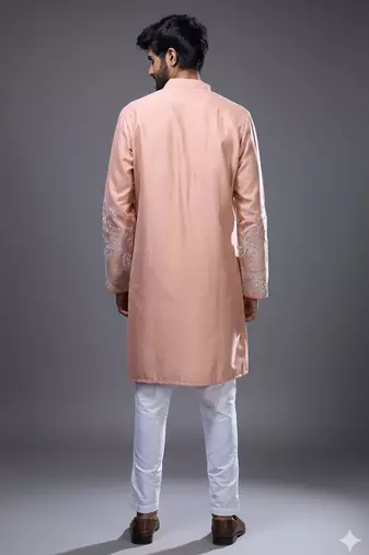 Peach embroidered, mirror silk kurta pant