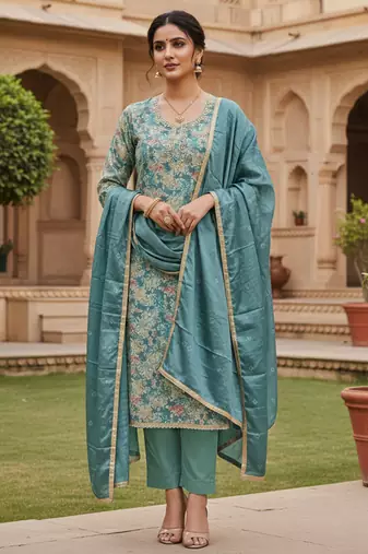 Blue color beautiful printed designer modal silk salwar suit