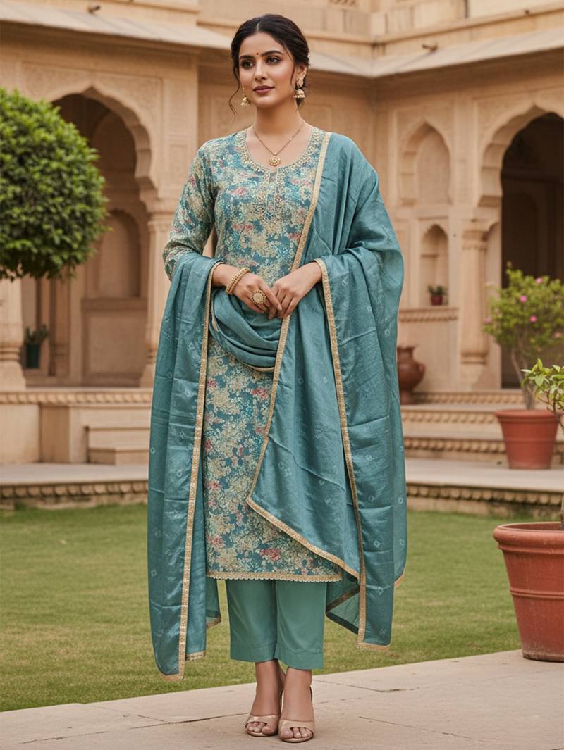 Blue color beautiful printed designer modal silk salwar suit