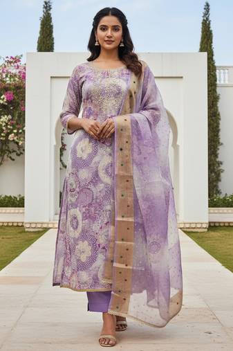 Lavender color beautiful printed designer modal silk salwar suit