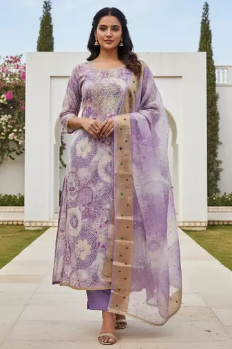 Lavender color beautiful printed designer modal silk salwar suit
