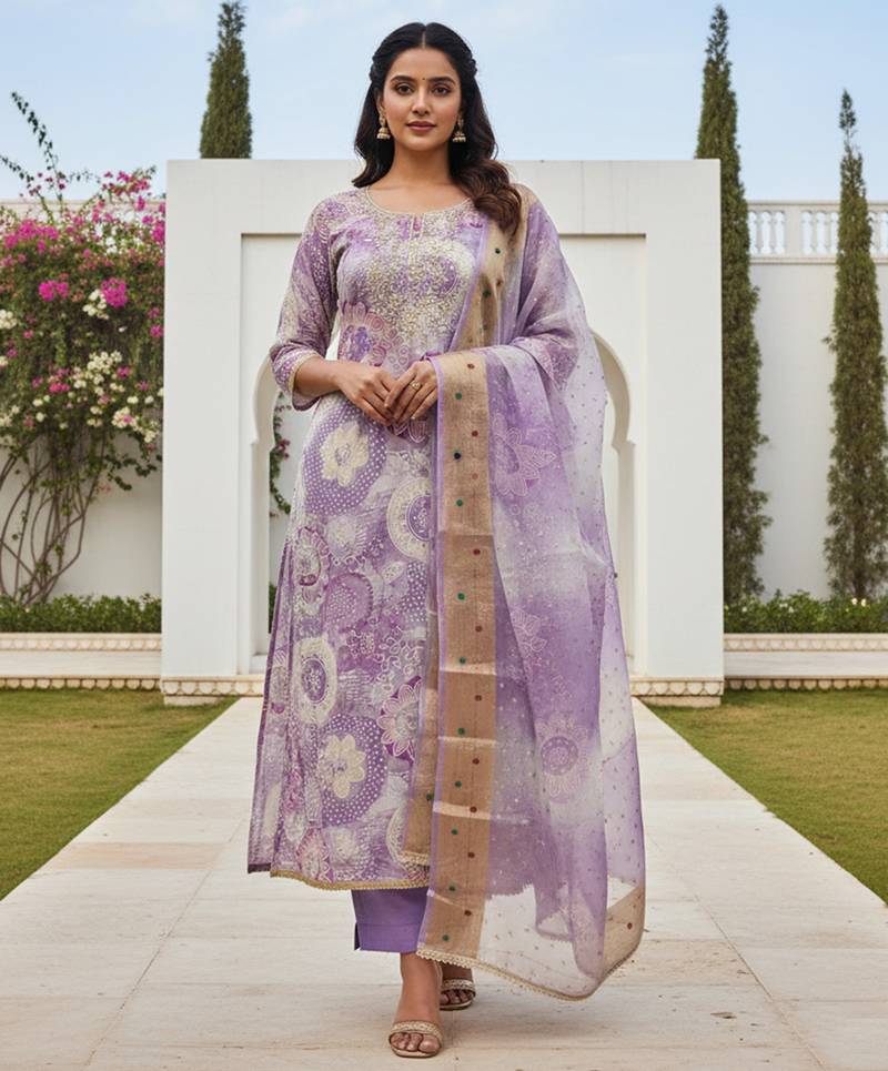 Lavender color beautiful printed designer modal silk salwar suit