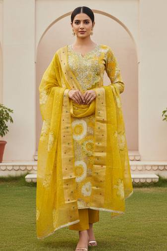 Yellow color beautiful printed designer modal silk salwar suit