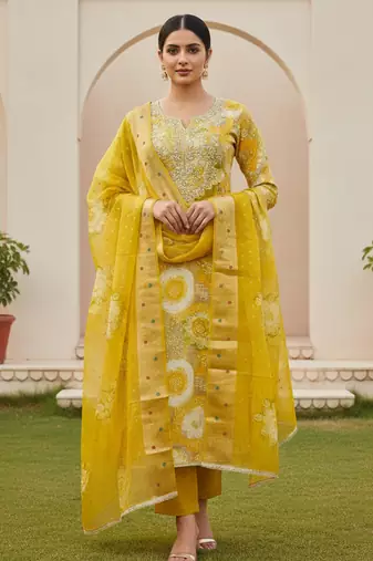 Yellow color beautiful printed designer modal silk salwar suit