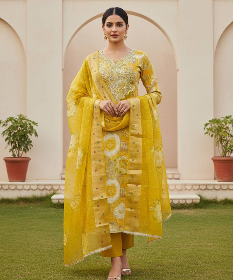 Yellow color beautiful printed designer modal silk salwar suit