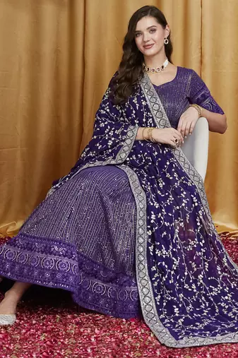 Women's Purple Premium Georgette Embroidered Semi-Stitched Lehenga Choli with Dupatta