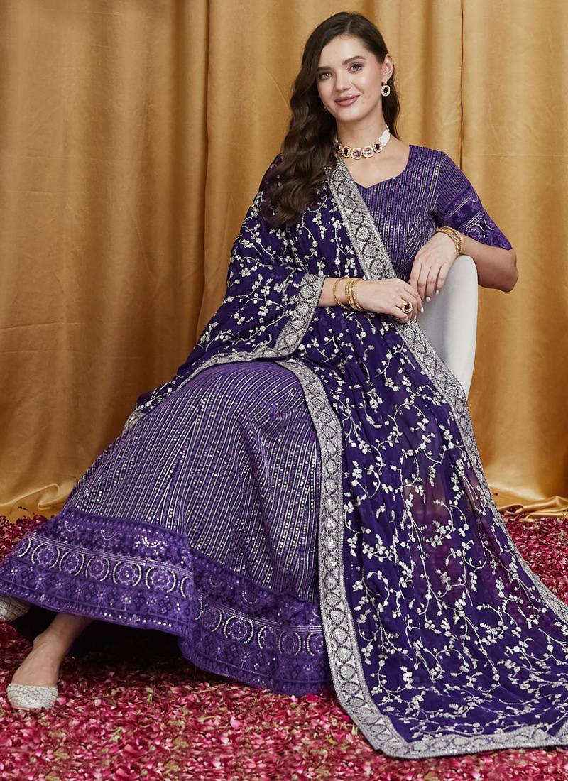 Women's Purple Premium Georgette Embroidered Semi-Stitched Lehenga Choli with Dupatta