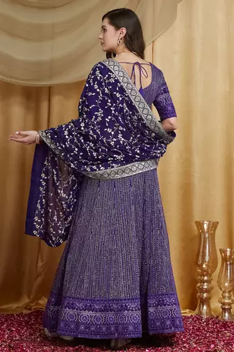 Women's Purple Premium Georgette Embroidered Semi-Stitched Lehenga Choli with Dupatta